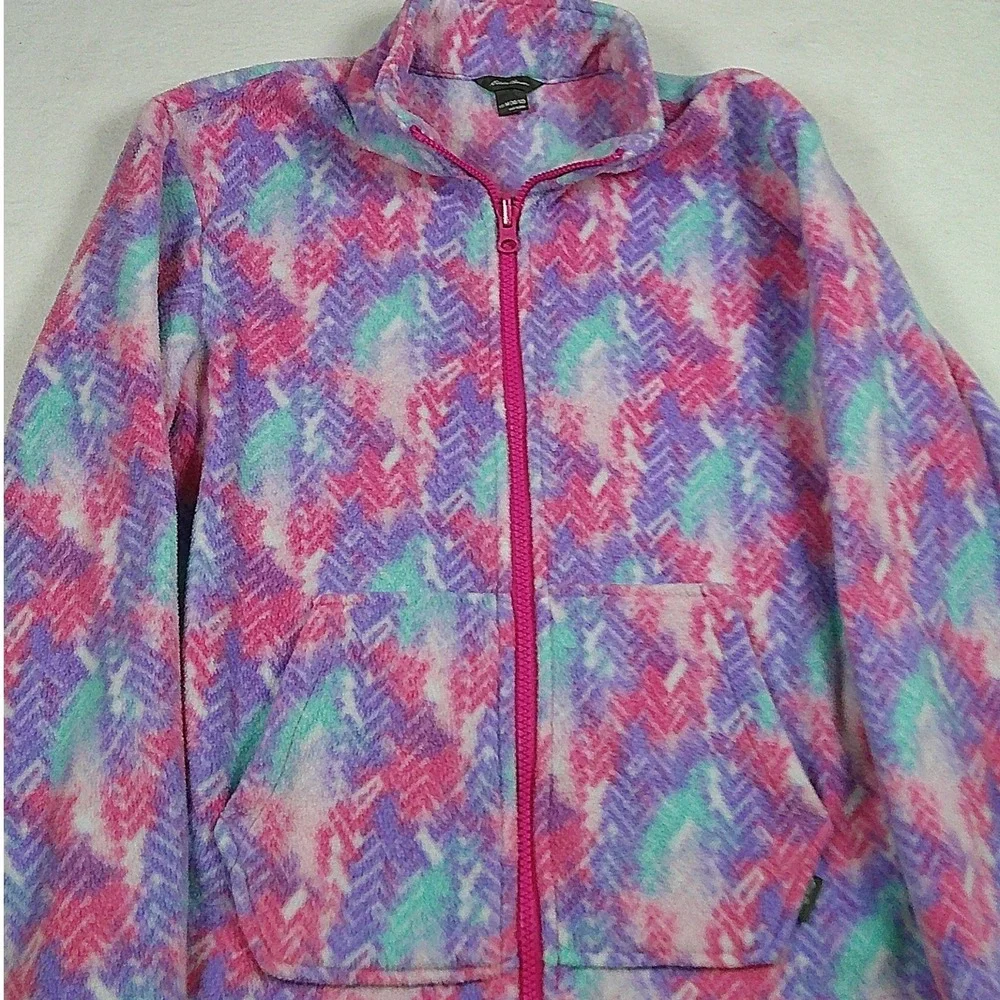 Eddie Bauer Kids M 10/12 Fleece Jacket Full Zip Pink Purple Teal Chevron Tie Dye